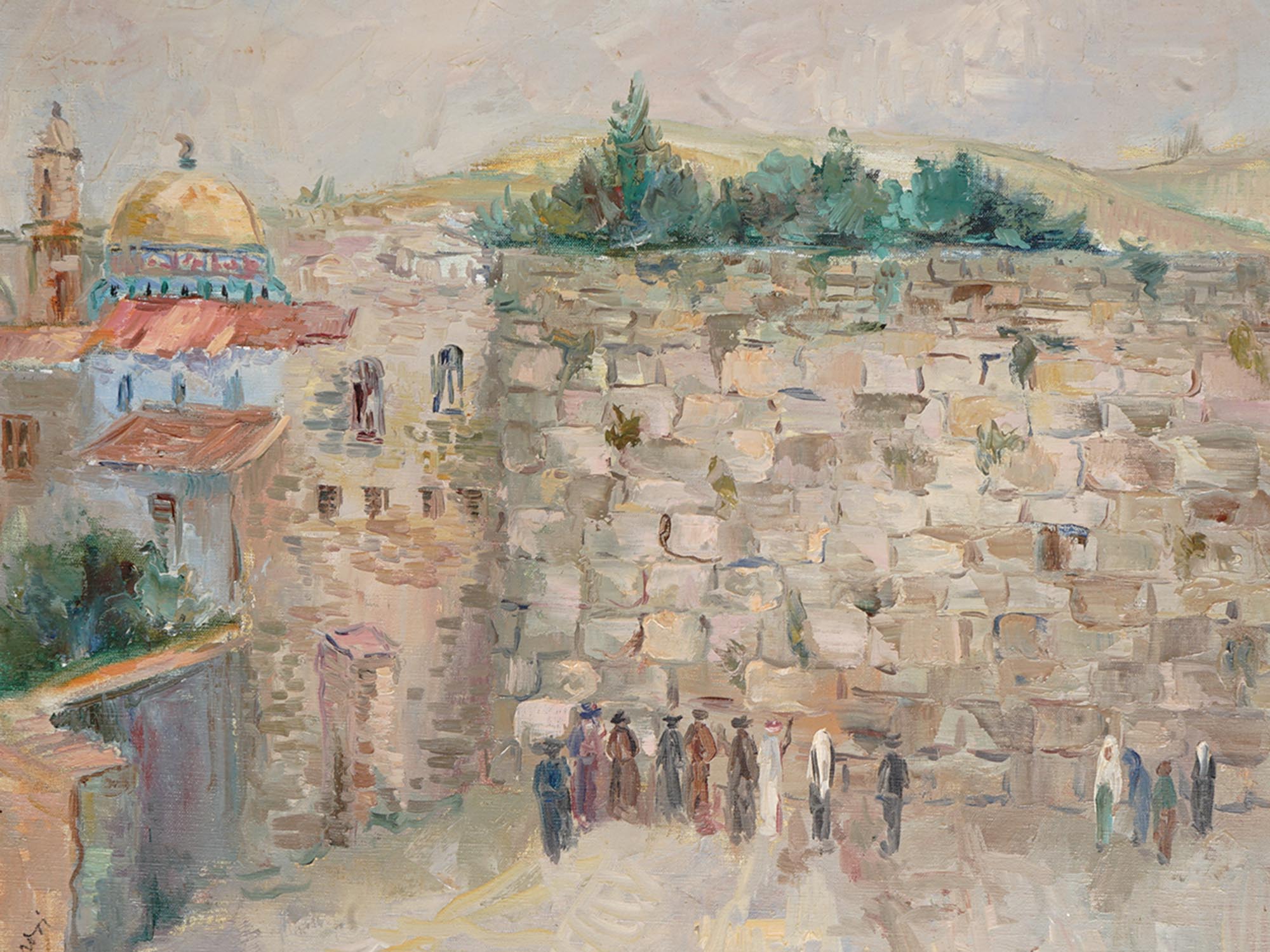 MID CENTURY JUDAICA OIL PAINTING JERUSALEM SIGNED PIC-1
